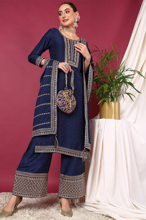 Plus Size Blue Silk Blend Solid Yoke Design Straight Suit Set
